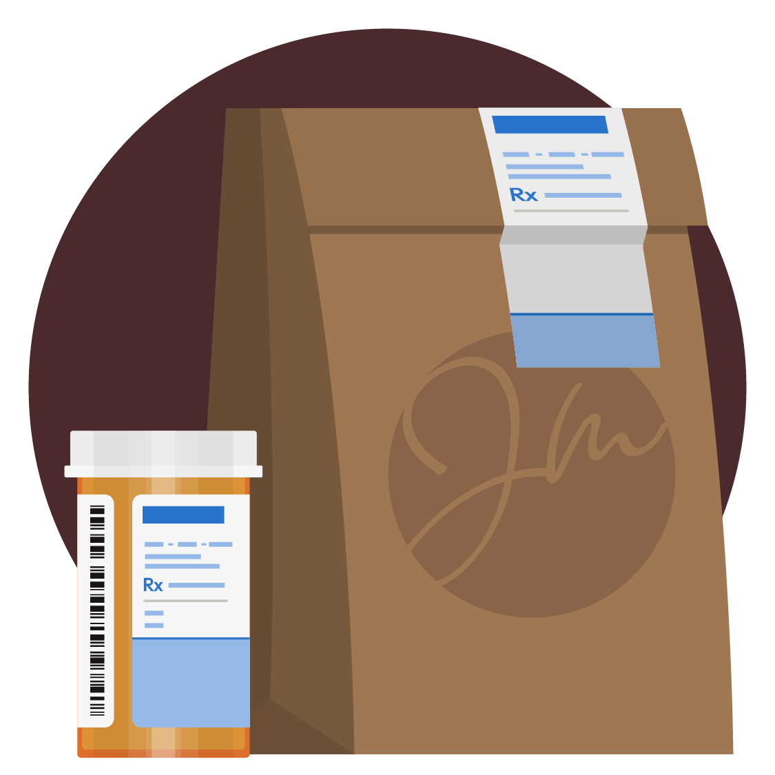 Pill bottle and prescription paper bag.