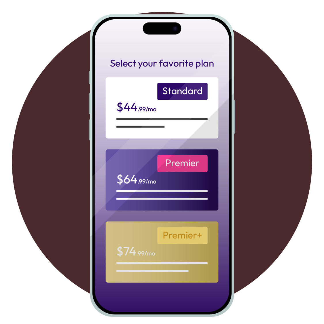 Smartphone display showing three monthly subscription plans.
